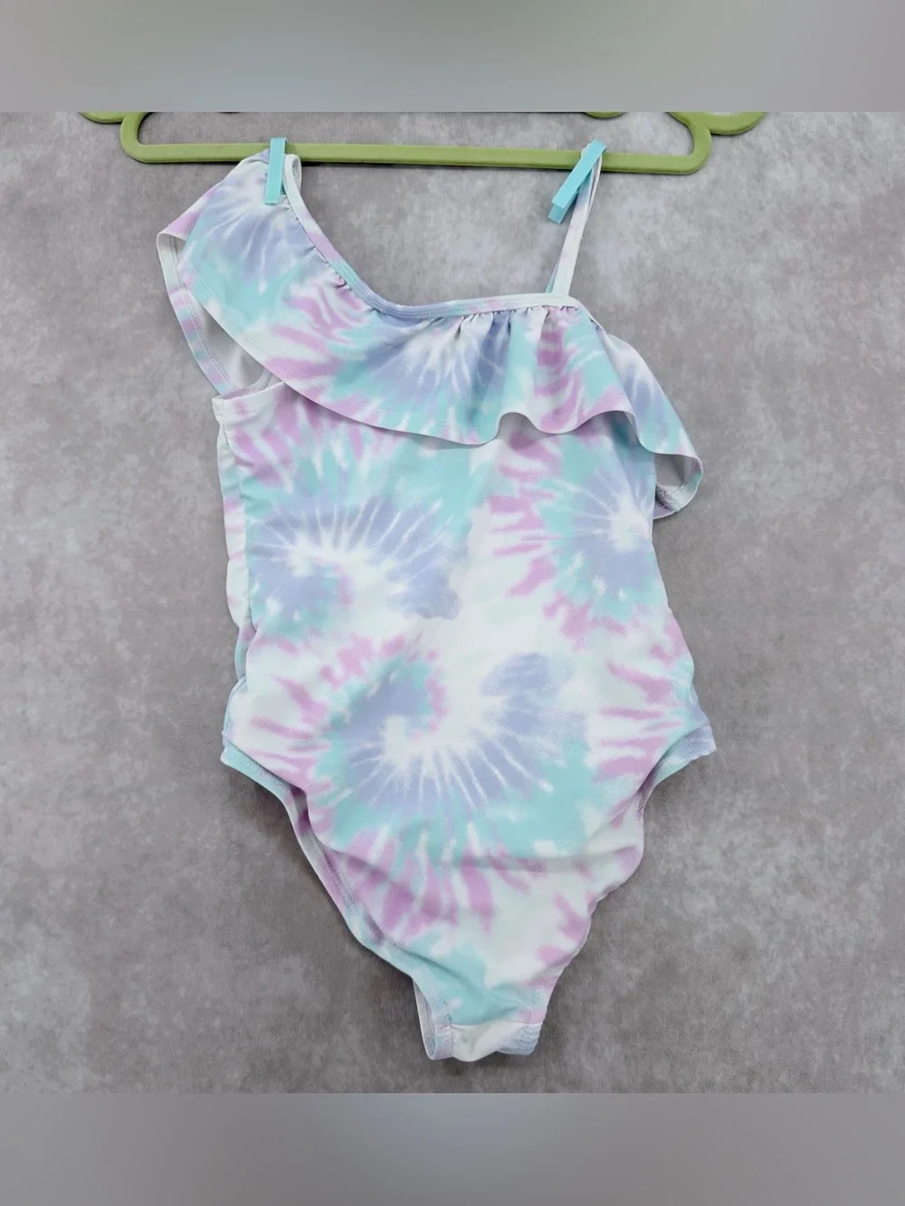 Girls One-Shoulder Ruffle Tie-Dye Swimsuit in Pastel Colors sunset sky M 10